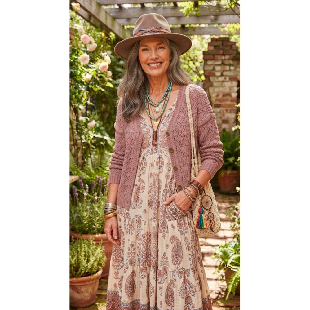 Artelier Nicole Miller Mauve Open Knit Crochet Button Front Cardigan Sweater M